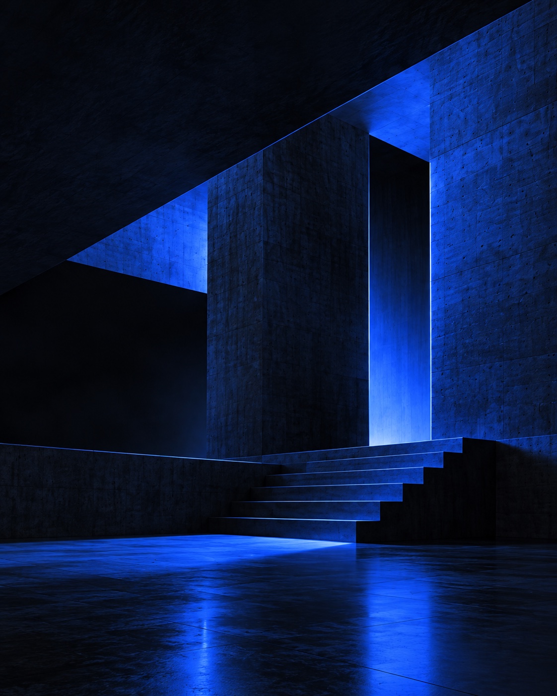 Monumental concrete architecture illuminated by cobalt blue light